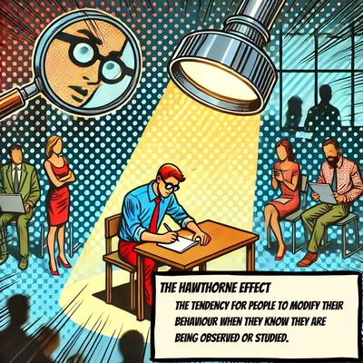 Image demonstrating the Hawthorne effect: a man sat under a spotlight and magnifying glass looking stressed